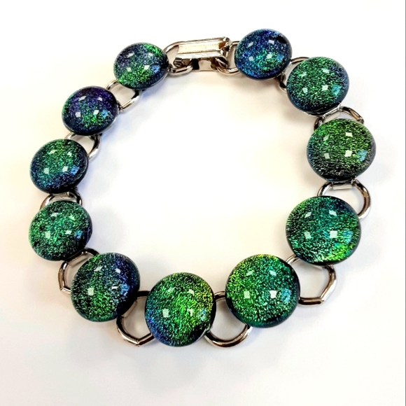7" Green & Blue Dichroic Fused Glass Bracelet - Picture 1 of 3